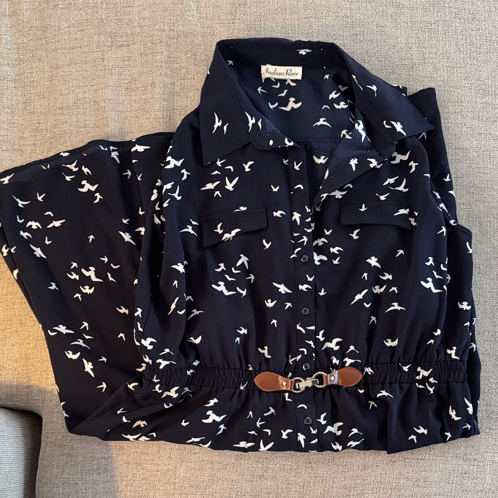Indigo Rose - Dark Blue button up dress with White Bird Pattern